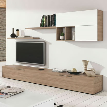Modern living room with wooden TV stand, shelves, and decor items.