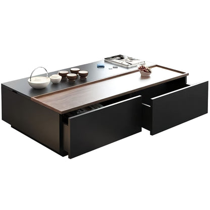 Modern coffee table with dark finish and open drawer on a white background