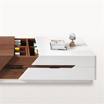 Modern office desk with wooden and white design on a white background