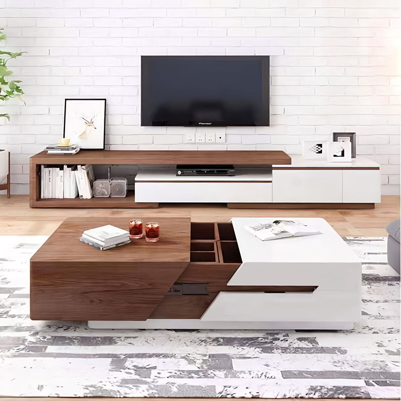 Modern living room with wooden and white entertainment console, TV, and coffee table.