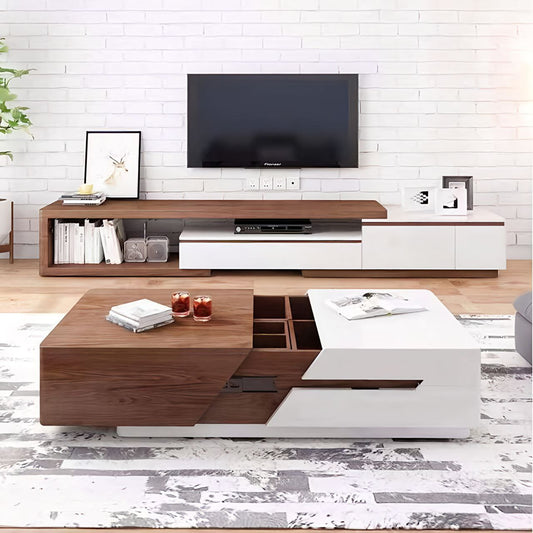Modern living room with wooden and white entertainment console, TV, and coffee table.