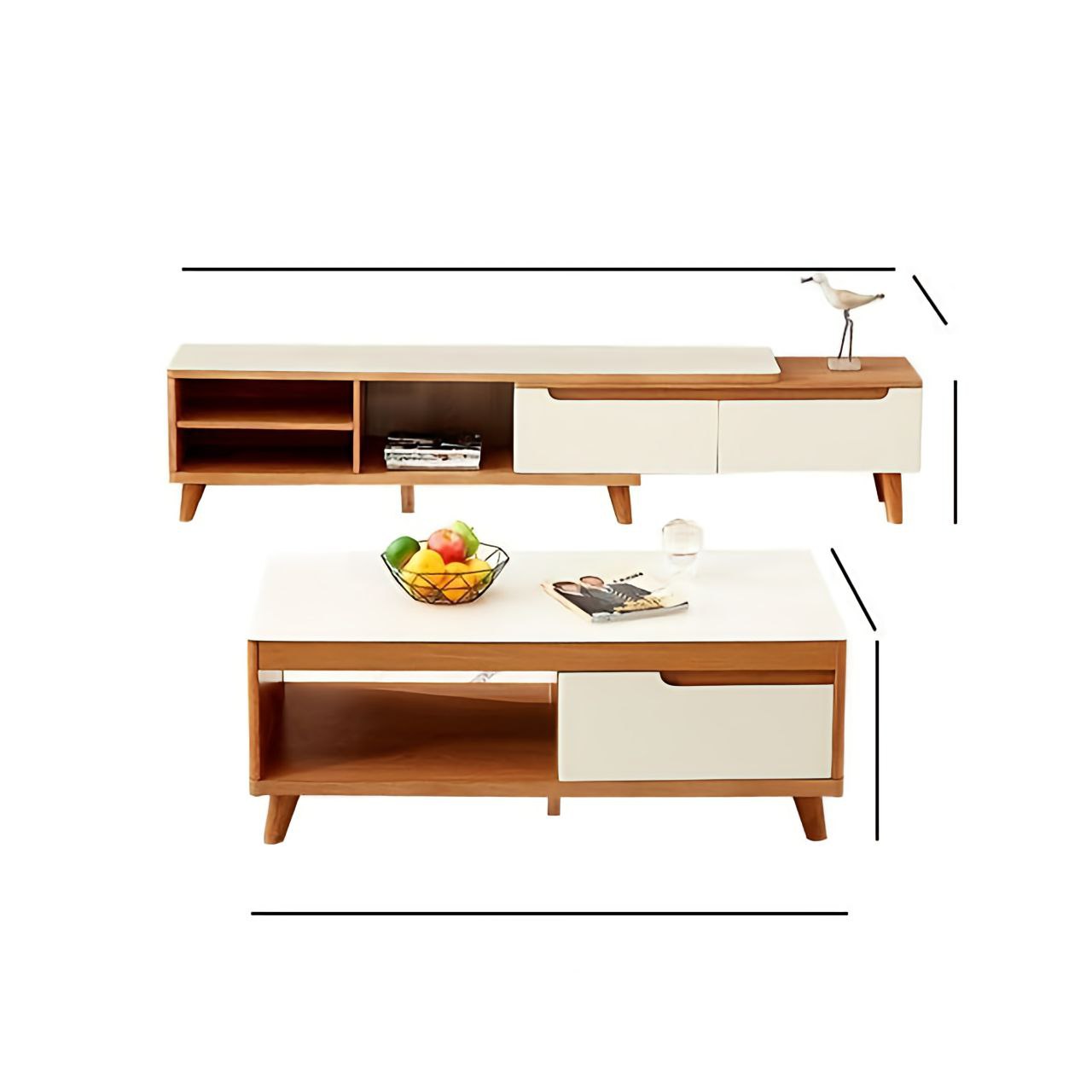 Two wooden coffee tables with white surfaces on a white background