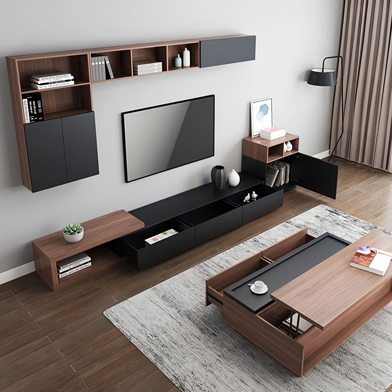 Modern living room with wooden and black furniture, including a TV stand and coffee table.