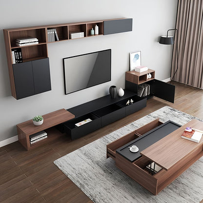 Modern living room with wooden and black furniture, including a TV stand and coffee table.