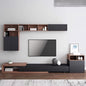 Modern living room with a television and wooden shelves.