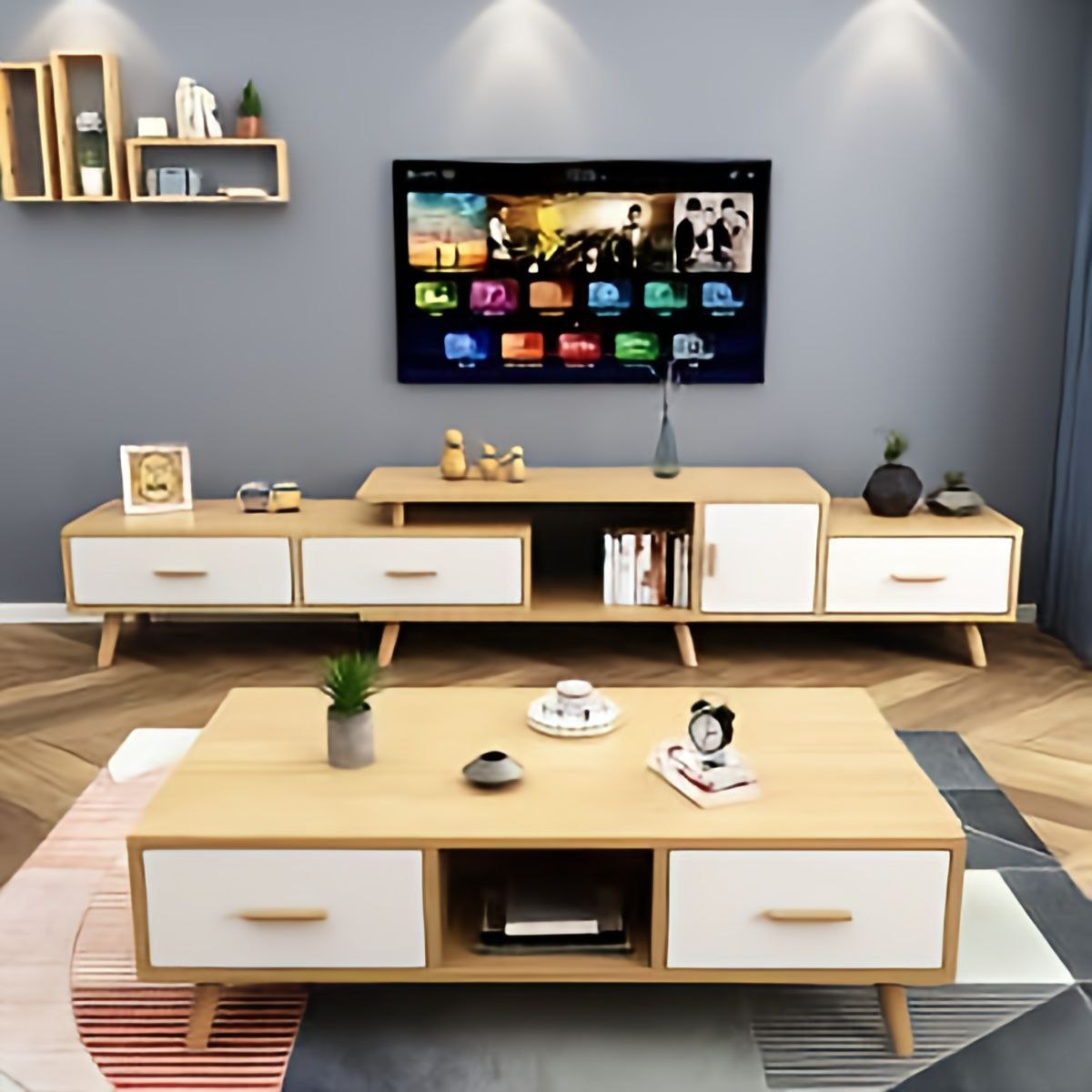 Modern living room with wooden TV stand and coffee table, TV displaying colorful interface.