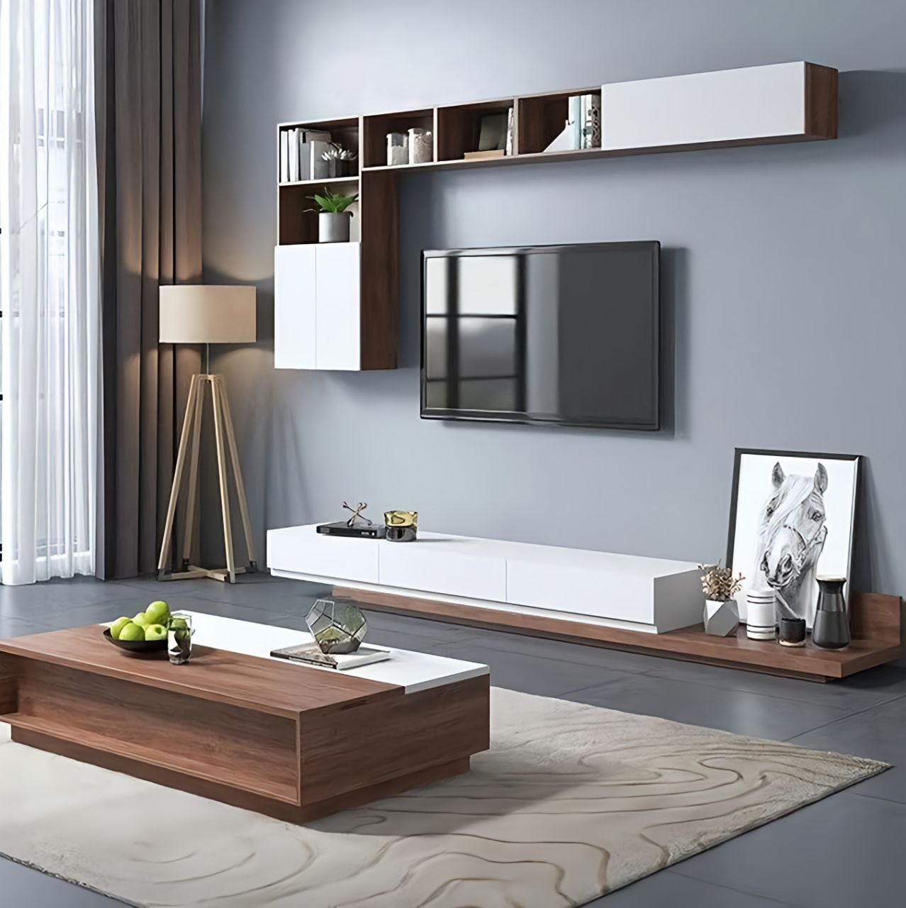 Modern living room with wooden and white furniture, including a TV and shelves.