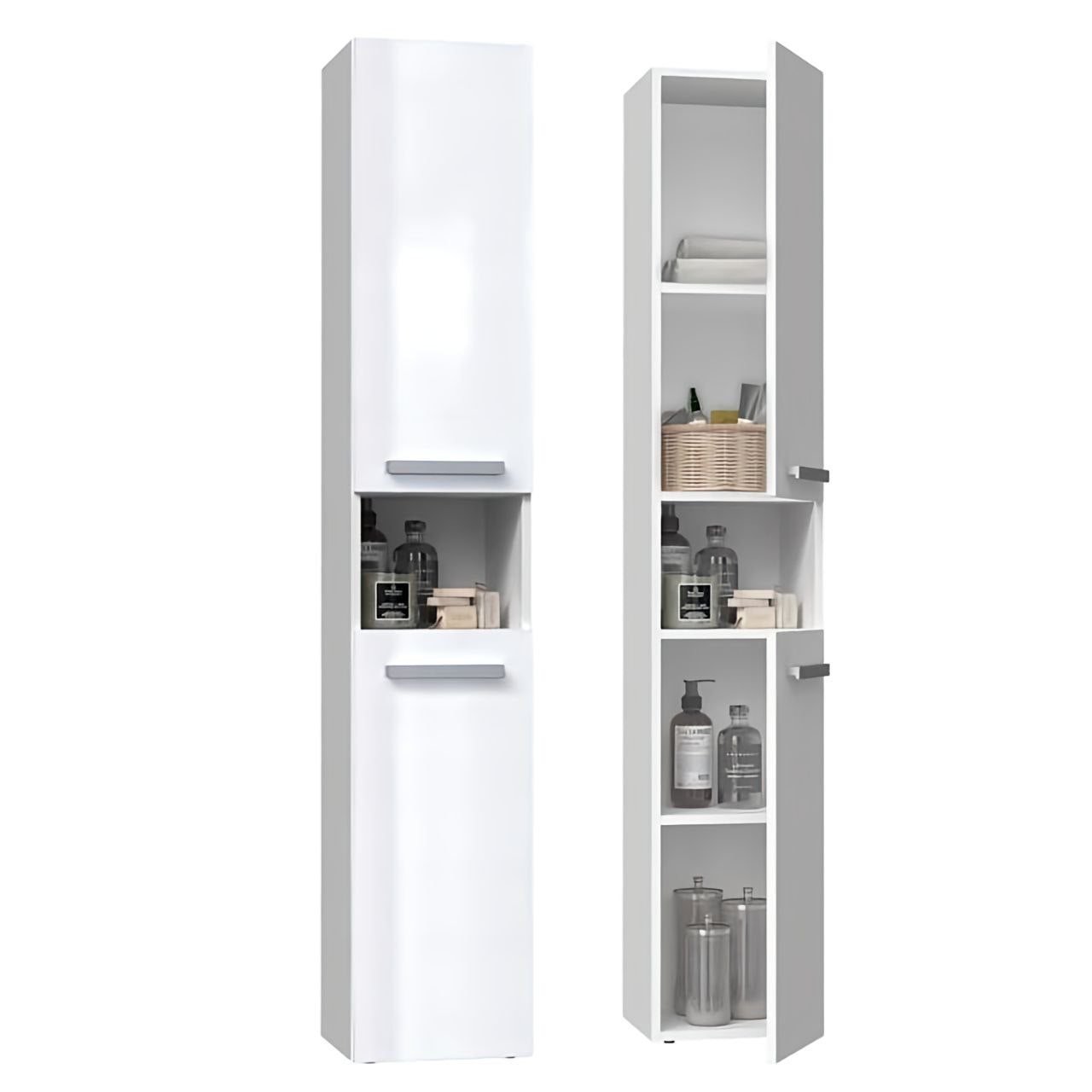 Tall white storage cabinets with open doors on a white background