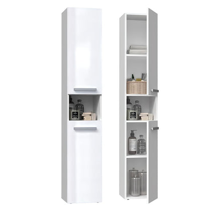 Tall white storage cabinets with open doors on a white background