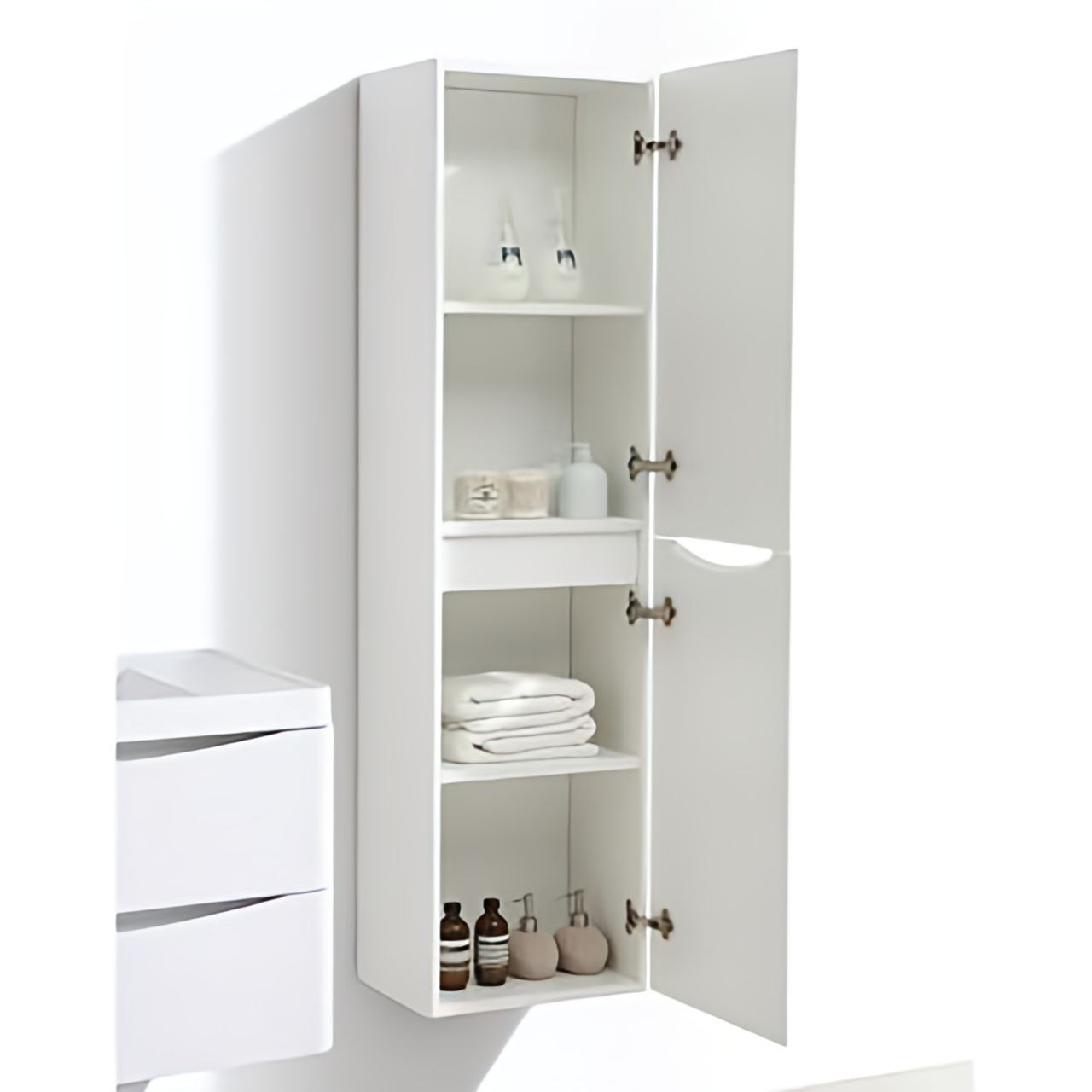 White cabinet with open doors displaying various items on a white background