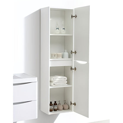 White cabinet with open doors displaying various items on a white background