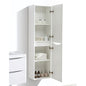 White cabinet with open doors displaying various items on a white background