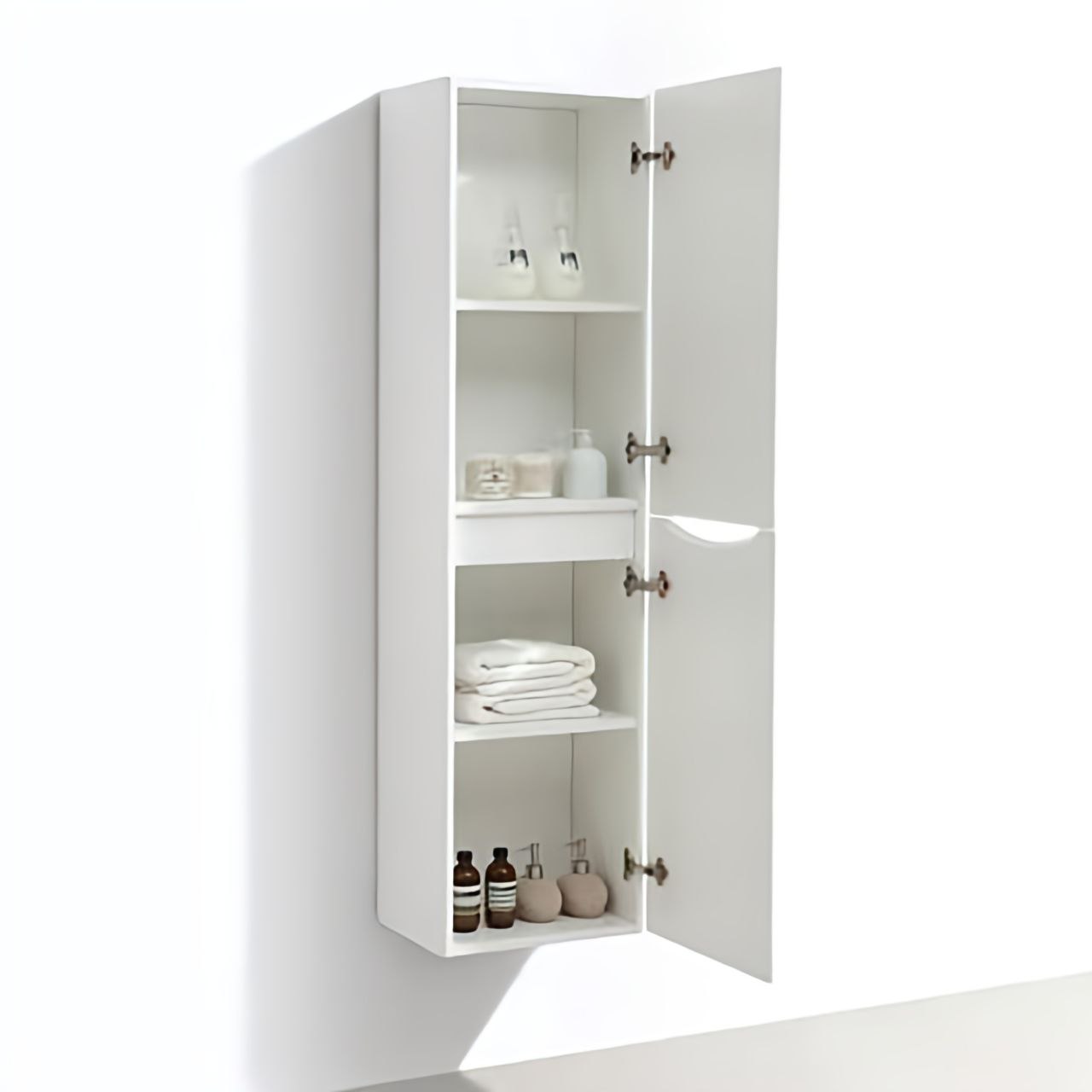 White cabinet with open doors displaying towels and bottles on a white background