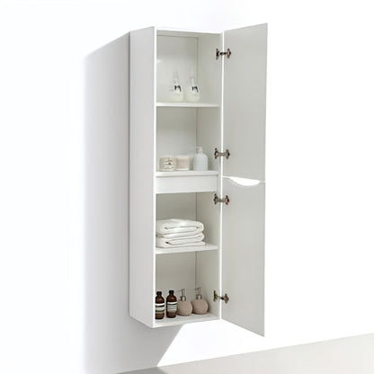 White cabinet with open doors displaying towels and bottles on a white background