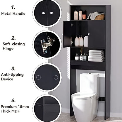 Bathroom storage cabinet next to a toilet with features highlighted.