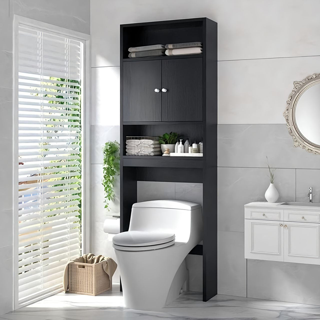 Bathroom with a black storage cabinet over a toilet, white tiles on the wall, and a window with blinds.