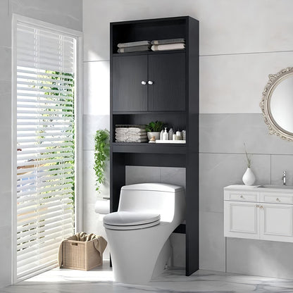 Bathroom with a black storage cabinet over a toilet, white tiles on the wall, and a window with blinds.