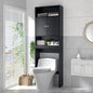 Bathroom with a black storage cabinet over a toilet, white tiles on the wall, and a window with blinds.