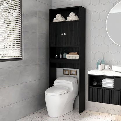 Bathroom with a toilet and black storage cabinet against gray tiled walls.