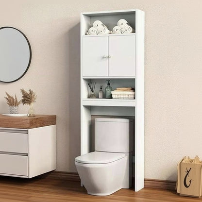 White bathroom storage cabinet above a toilet with towels and toiletries.