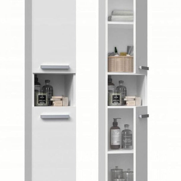 Tall white bathroom cabinet with open doors displaying various items on a white background
