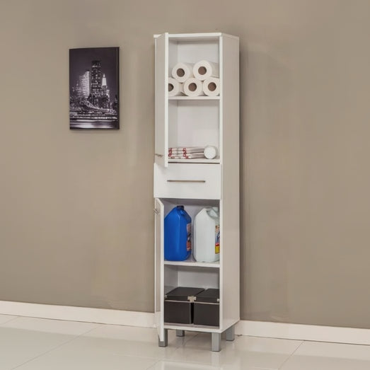 Tall white storage cabinet with various items against a beige wall.
