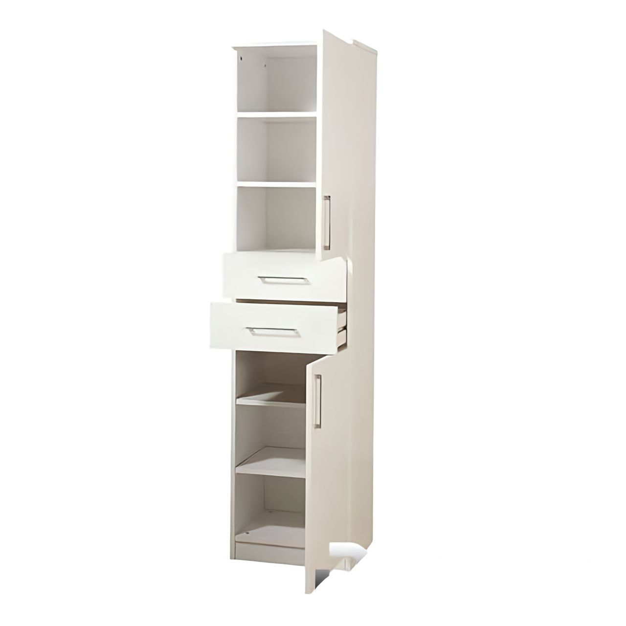 White cabinet with shelves and drawers on a white background