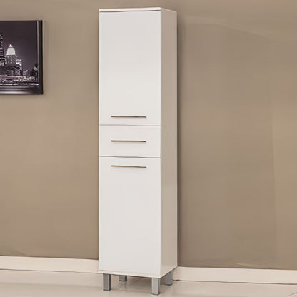Tall white cabinet against a beige wall with a framed picture.
