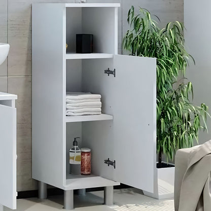 White bathroom cabinet with open door displaying towels and toiletries, plant in the background.