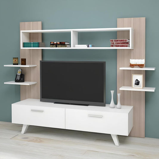 Tv Unit White & Wooden - 180 x 40 x 40 cm | TV37
