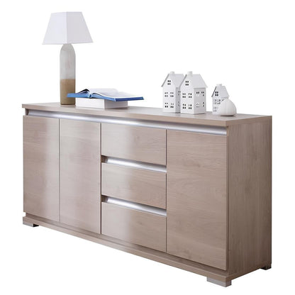 Wooden sideboard with decorative items on a white background