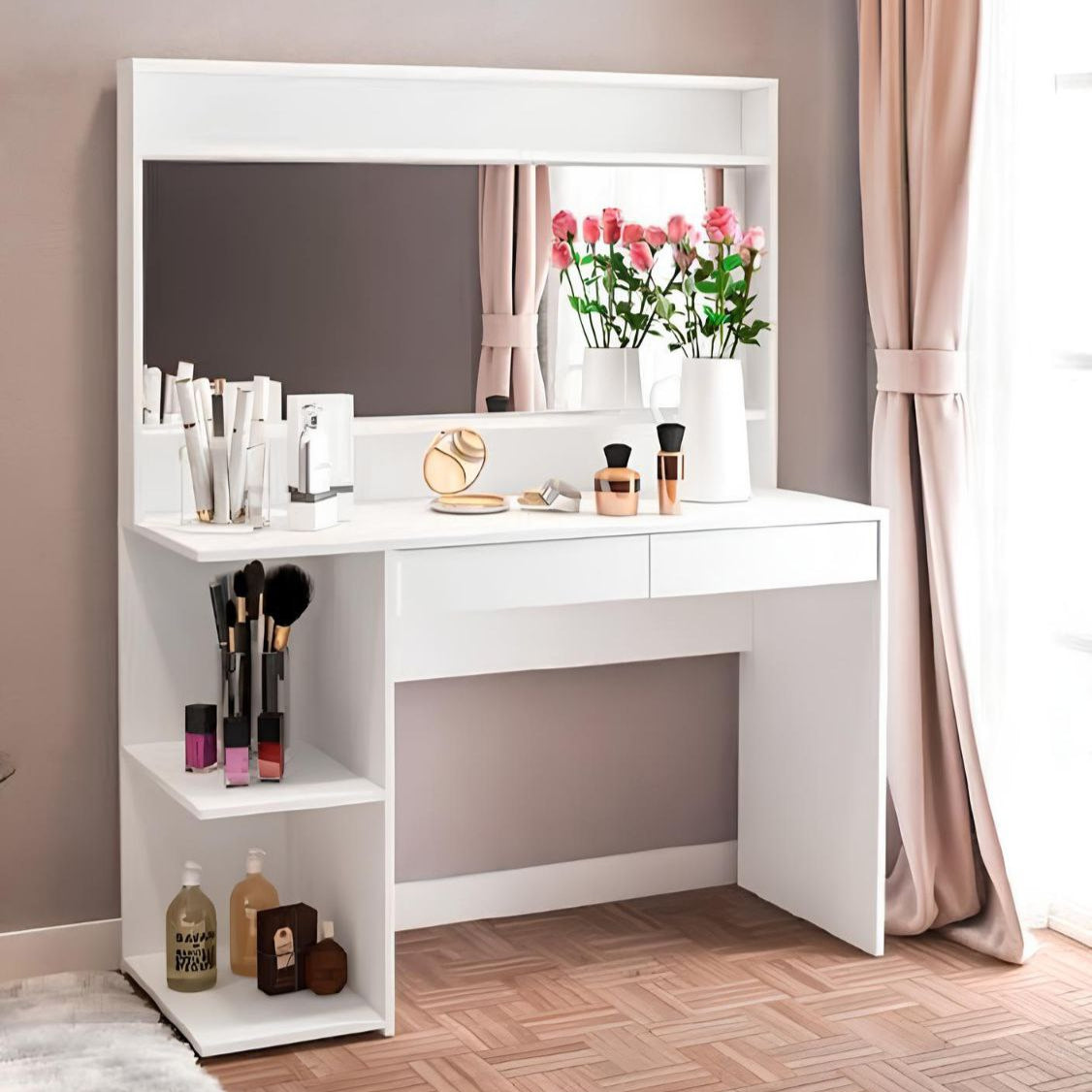 White vanity desk with mirror and cosmetic items in a room with pink curtains.