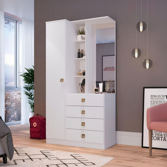 White wardrobe with shelves and drawers in a room with a window and decor elements.