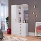 White wardrobe with shelves and drawers in a room with a window and decor elements.