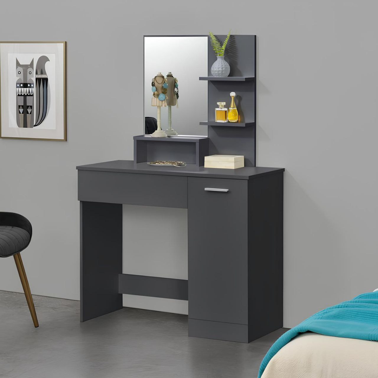 Gray vanity table with mirror and shelves against a gray wall.