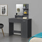 Gray vanity table with mirror and shelves against a gray wall.
