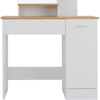 White cabinet with wooden shelves on a white background