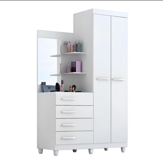 White cabinet with shelves and drawers on a white background