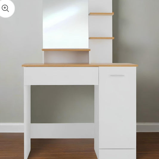White console table with wooden top against a neutral wall