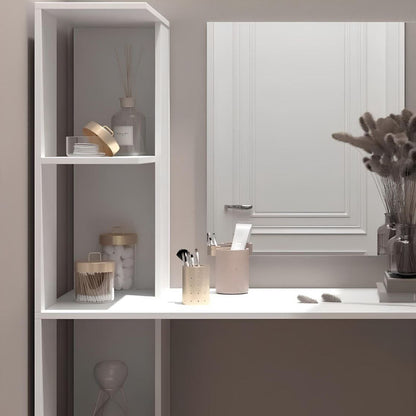 Bathroom vanity with mirror, shelves, and various items.