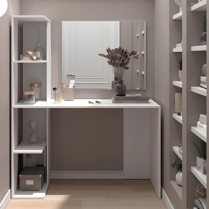 Modern bathroom vanity with shelves and mirror