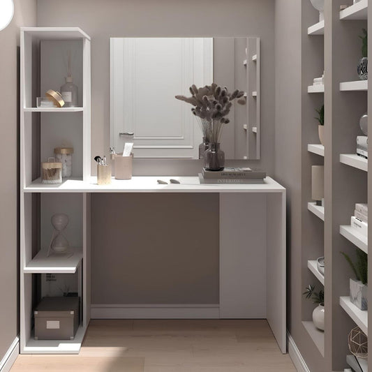 Modern bathroom vanity with shelves and mirror