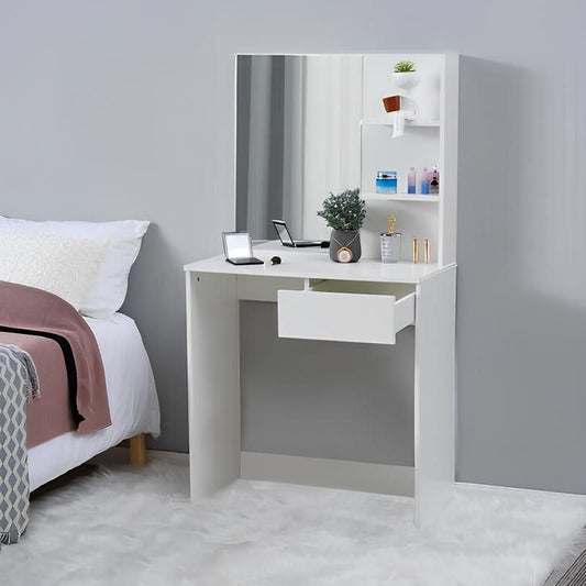White desk with mirror in a bedroom setting