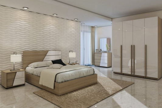 Full Bedroom Set | Glossy White Aclerc & Wooden | 5 pieces  | BDR 1