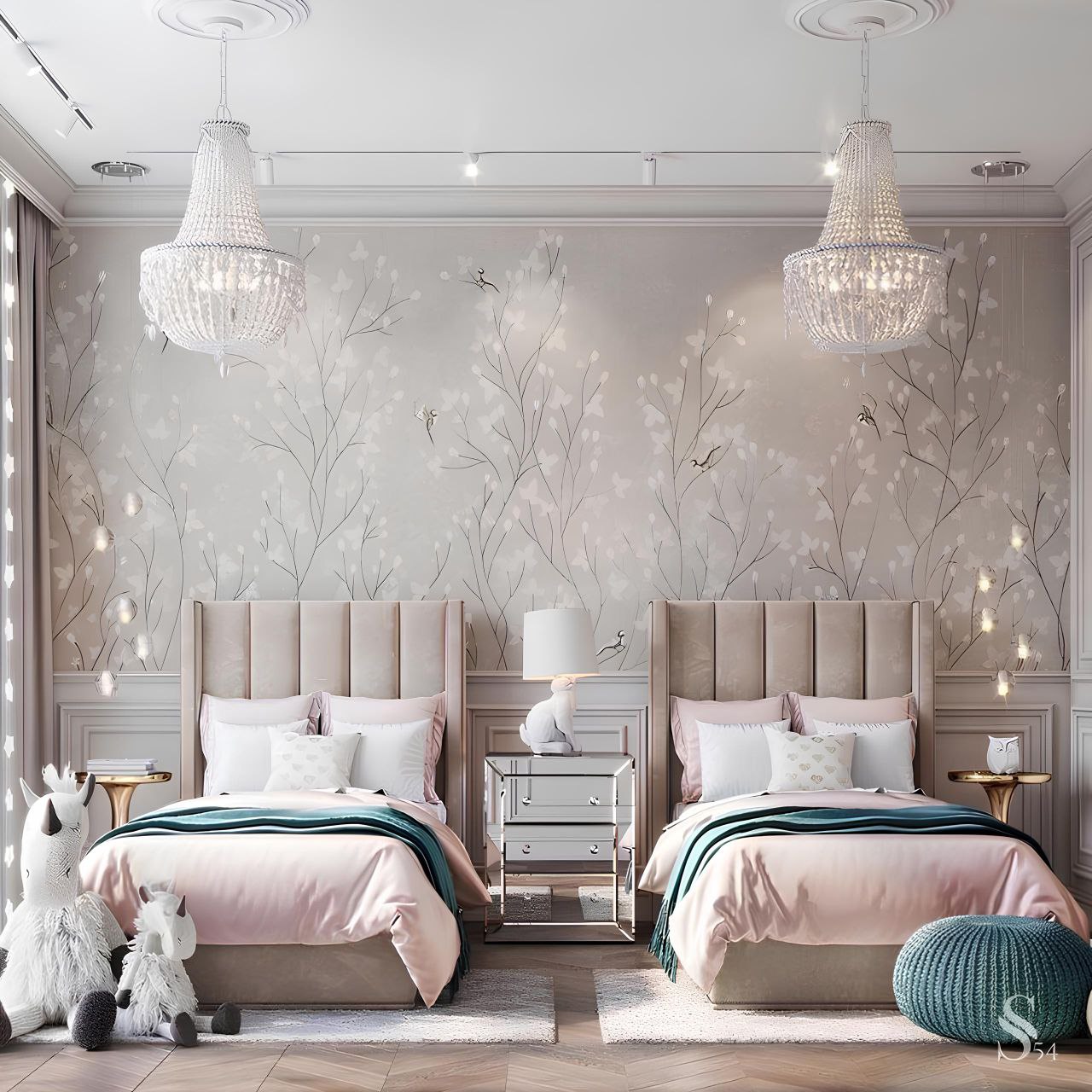 Modern bedroom with two beds, decorative pillows, and wall art.