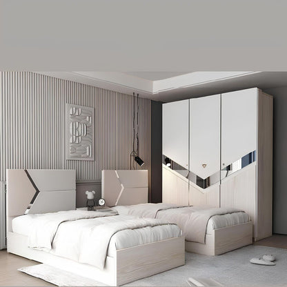 Modern bedroom with a bed and wardrobe in a neutral color scheme.
