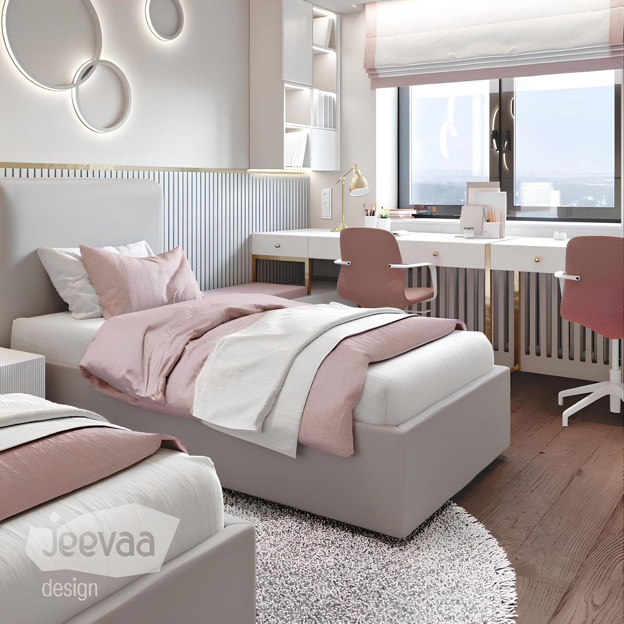 Modern bedroom with pink and white bedding, desk, and large window.
