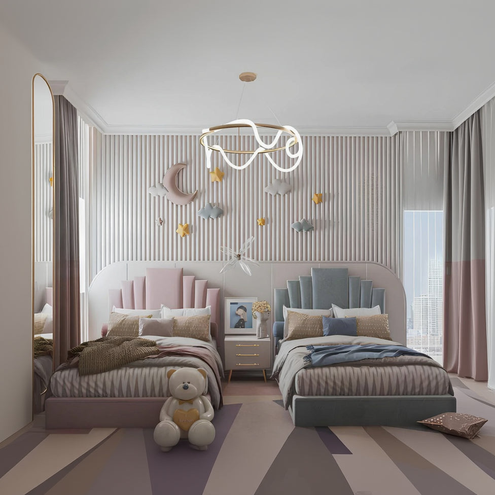 Modern bedroom with two beds, decorative pillows, and a teddy bear.