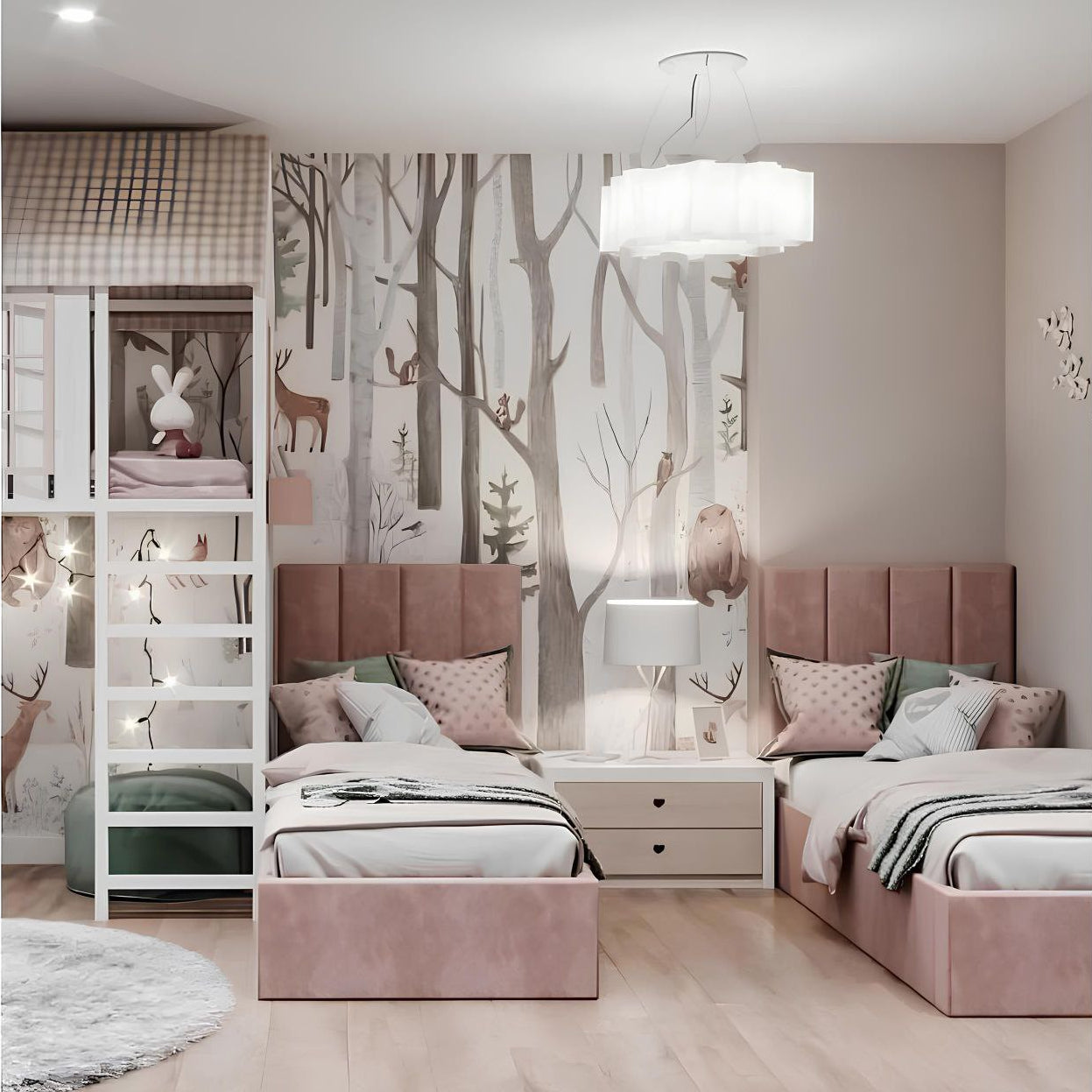 Children's bedroom with pink beds, a bookshelf, and wall art featuring animals.