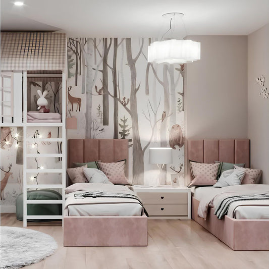 Children's bedroom with pink beds, a bookshelf, and wall art featuring animals.